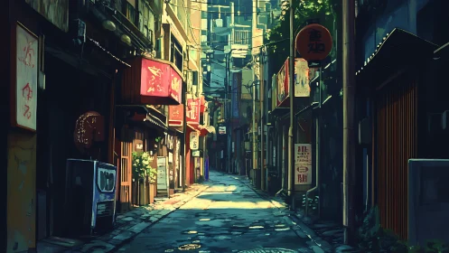 Quiet sunlit Japanese alley with shops and signage.