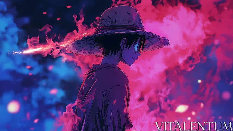 Straw hat anime boy in red and blue burning background.