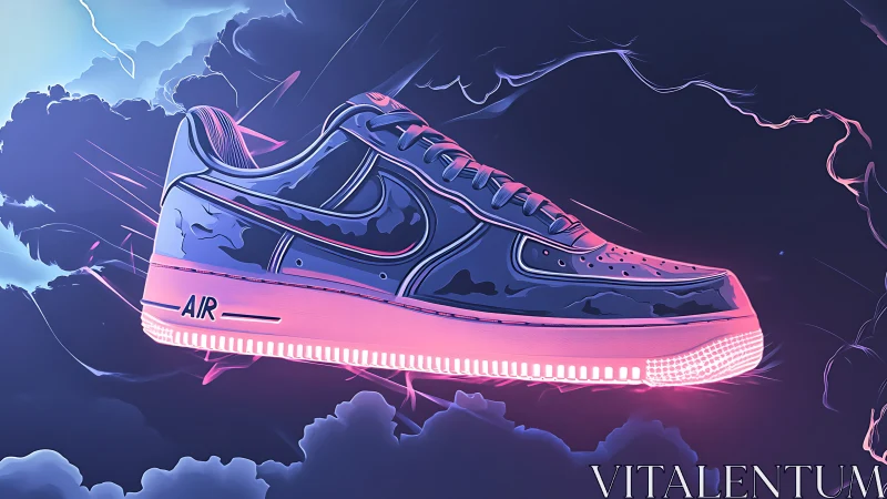 Neon blue sneaker floats through stormy vapor clouds.