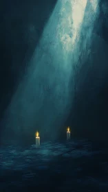 Twin candles burn beneath a single cold celestial shaft