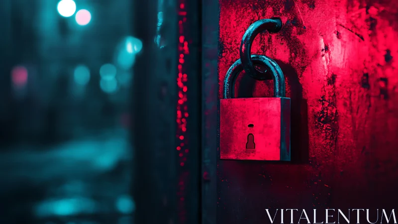 Steel padlock glows under neon red cyberpunk street light.