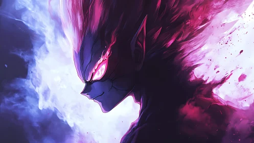Demonic anime profile with neon magenta energy plume and smoke