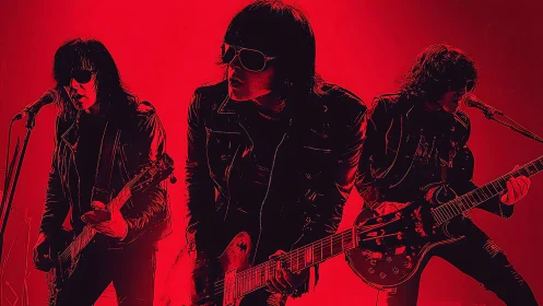 Triadic rock guitarist montage under monochrome red lighting