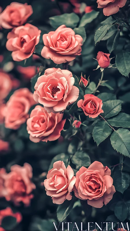 Coral garden roses bloom with vintage charm in moody light.
