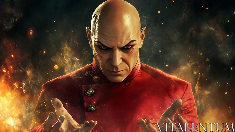 Bald sorcerer in red coat commanding infernal firestorm.
