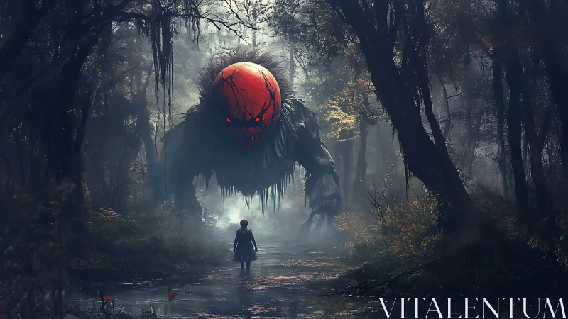 Child confronts towering red headed monster in dark forest