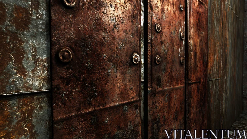 Heavily rusted metal wall panels with corroded rivets.