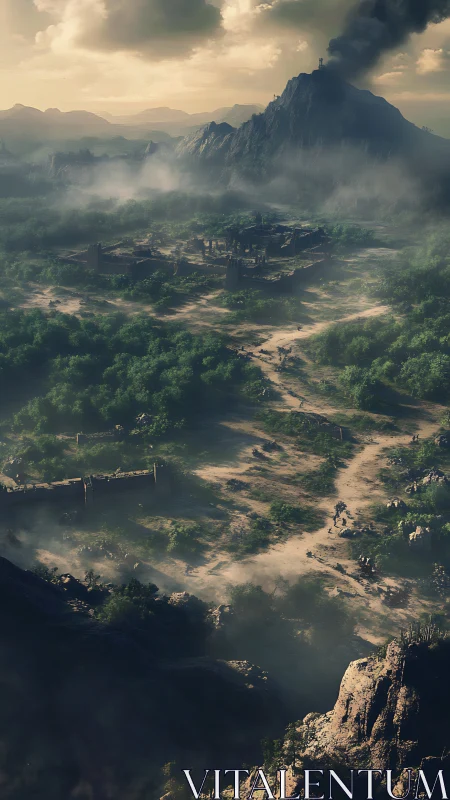 Fortified valley settlement beneath smoking mountain peak.