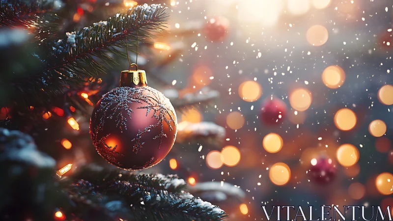 Red Christmas bauble on snowy tree with warm festive bokeh.