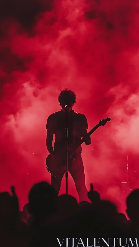 Electric guitarist commands the stage in bold crimson haze