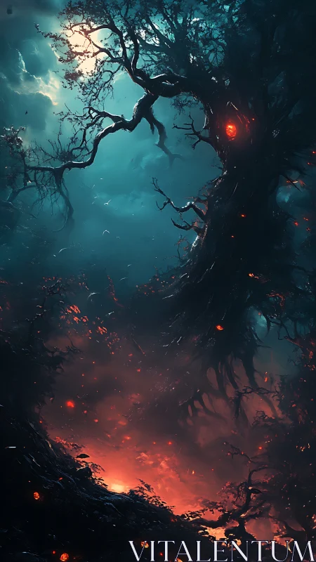 Twisted sentient tree looms over molten forest floor in eerie glow