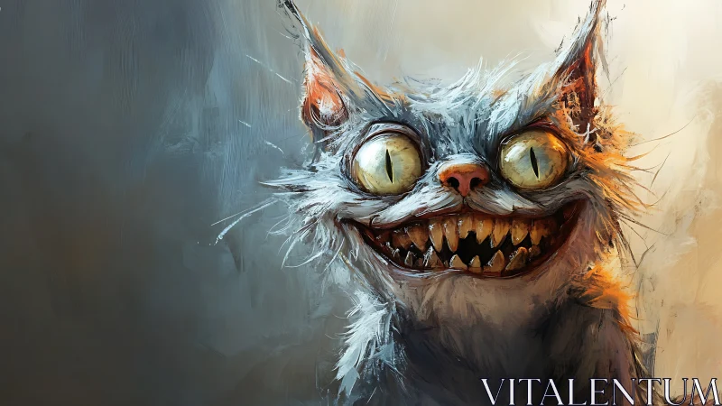 Grinning goblin cat with lantern eyes and wicked sparkle.