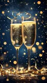 Sparkling champagne flutes glow amid golden festive lights