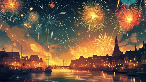 Harbor city skyline glows beneath cascading festival fireworks.