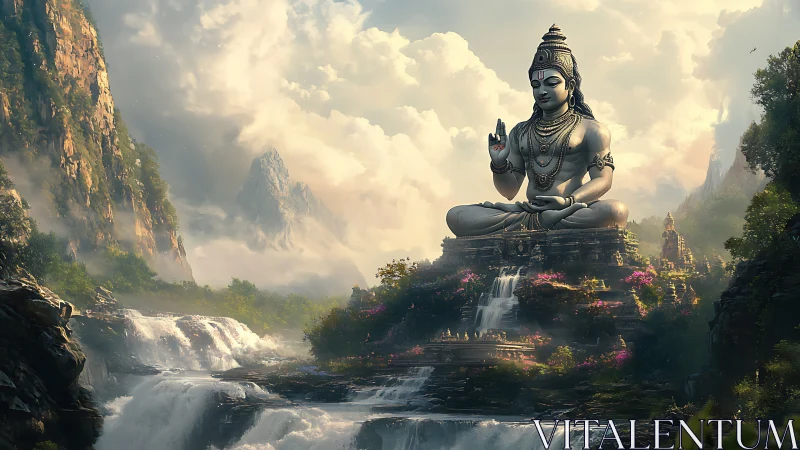 Large stone deity statue in misty mountain waterfall landscape.