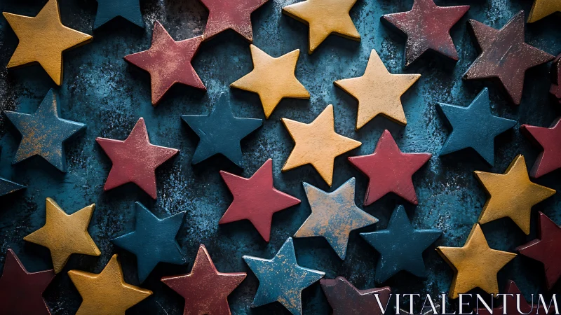 Scattered painted wooden stars on textured blue metal surface