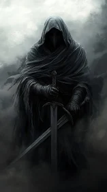 Mysterious hooded warrior waiting in the stormy mist.