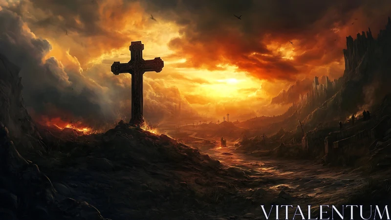 Fiery apocalyptic landscape dominated by lone stone cross.