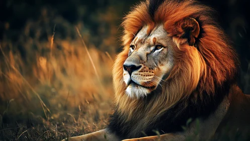 Male lion in warm backlight exhibits sculpted mane detail
