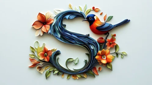 Letter S blooms with colorful bird and floral paper art