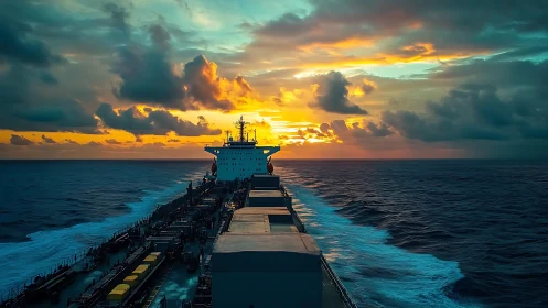Cargo titan chases molten sunrise across restless ocean.