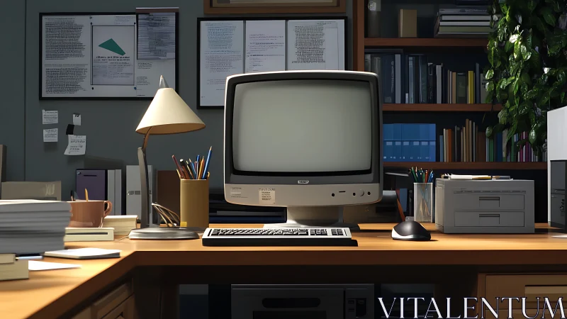Retro office desk with CRT computer and documents.