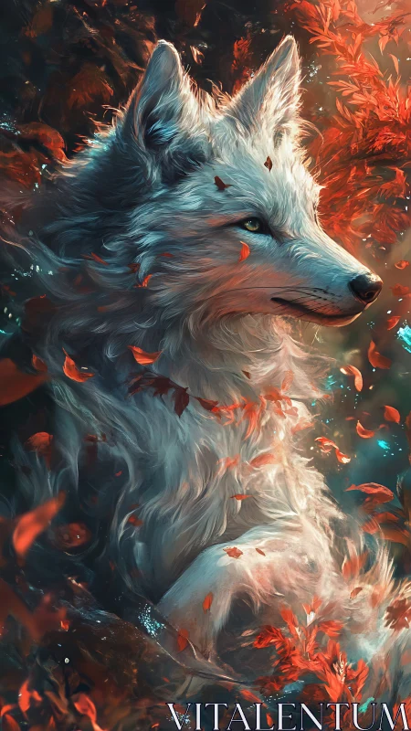 Gentle white wolf resting amid swirling autumn leaves.