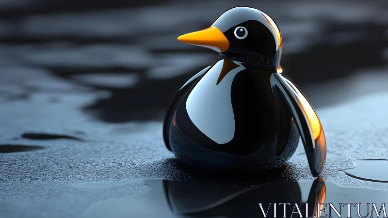Glossy Cartoon Penguin Figurine on Wet Surface, 3D Digital Art. Glossy Cartoon Penguin Figurine on Wet Surface, 3D Digital Art.