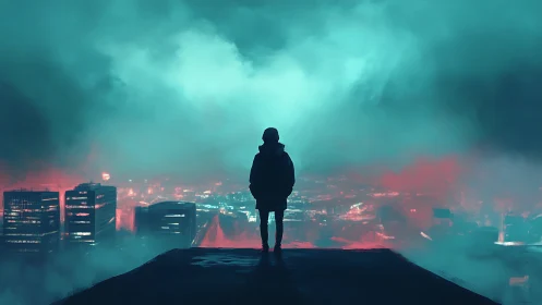 Solitary figure overlooking neon lit city in dense fog.