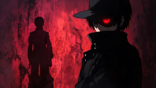 Shadowed anime figure with glowing red eye against textured wall