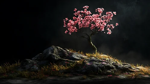 Graceful pink blossom tree glows gently on a rocky hill