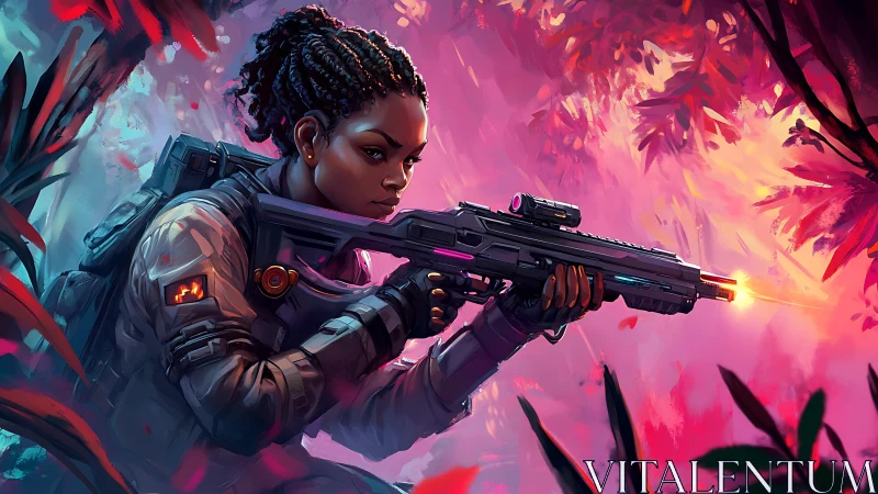 Focused sci fi soldier aims rifle in neon jungle scene.