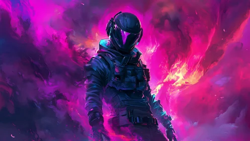 Neon storm-walker strides through electric magenta nebulae