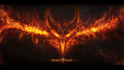 Demonic fire visage ignites symmetric infernal wings.