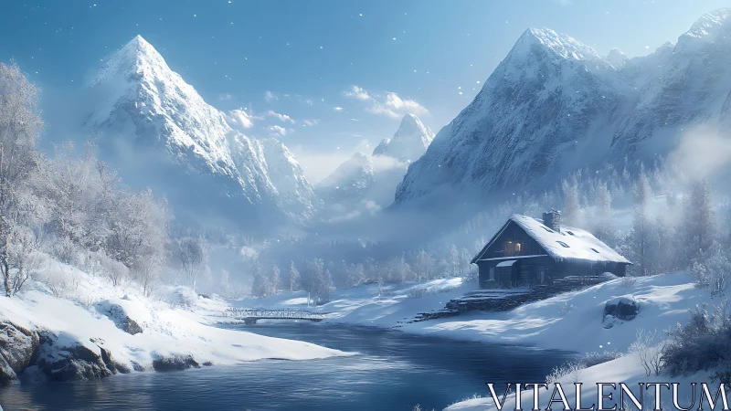 Snow cabin nestles beneath towering blue alpine peaks.