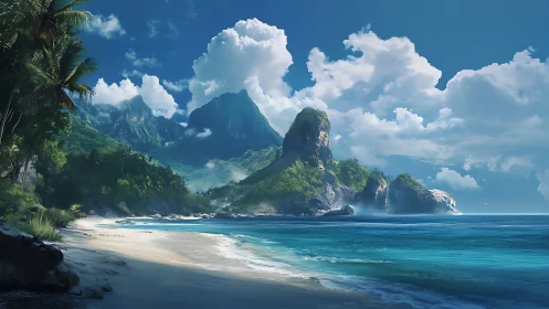 Tropical Coastal Landscape with Limestone Formations and Beach