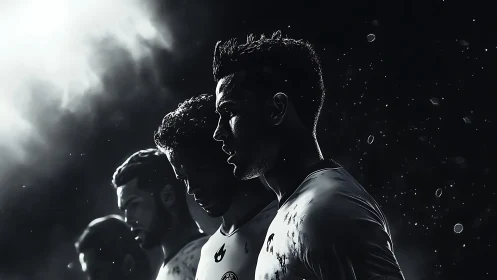 Stormlit football warriors stand poised in cinematic shadow.