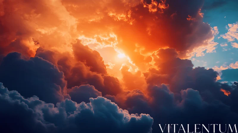 Fiery sunset sky above towering storm cloud formations.
