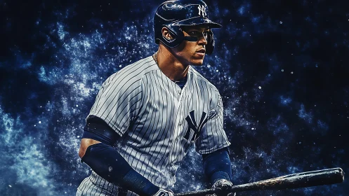 Dynamic digital portrait of focused baseball batter in navy uniform.