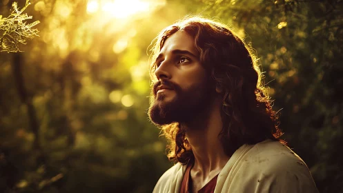 Serene robed man in golden forest light at sunrise.