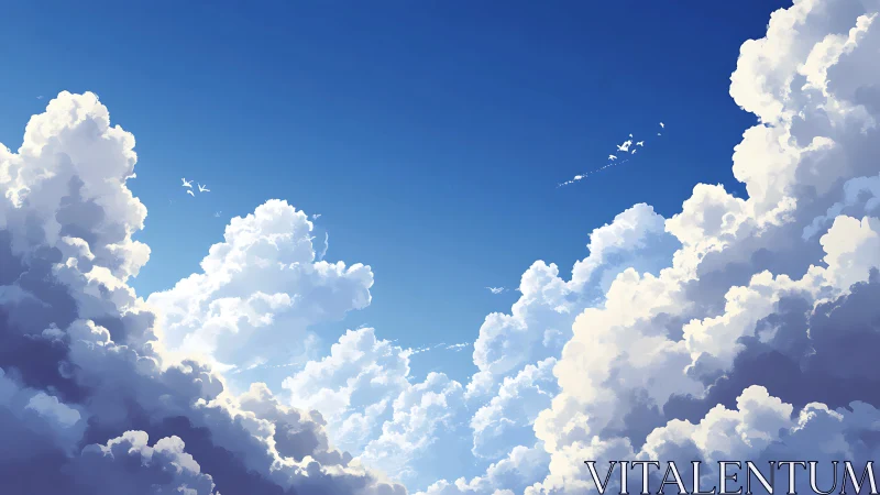 Towering cumulus clouds frame bright midday blue sky