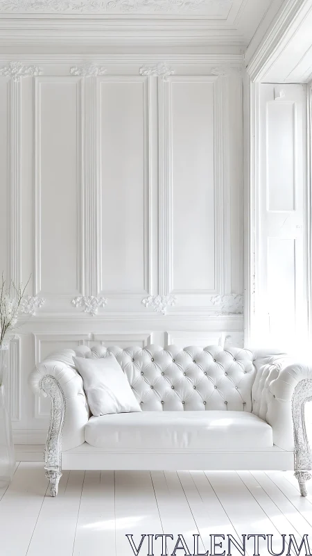 White tufted sofa anchors ornate monochrome salon interior