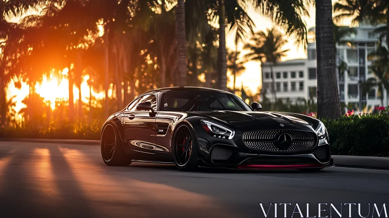 Sleek black sports car glides through sunset palm avenue
