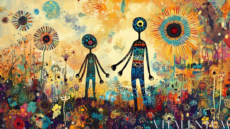 Abstract humanoid figures in dense floral field composition.