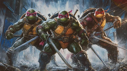 Armored humanoid turtles with swords in storm-lit urban alley