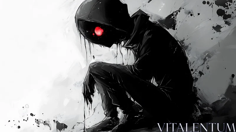 Hooded dark figure with glowing red eye in grayscale art.
