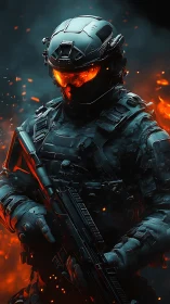 Molten-eyed future soldier stands calm inside drifting embers