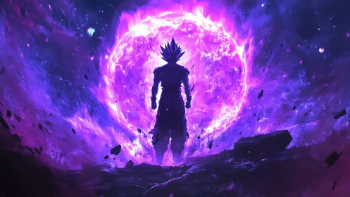 Cosmic warrior crowned in violet supernova fury stands firm.