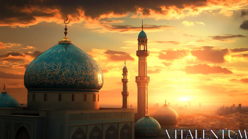 Turquoise mosque domes glow under blazing sunset sky.