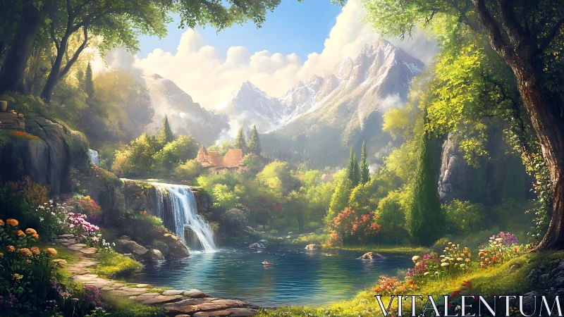 Mountain lake with waterfall, forest path, and cottage.